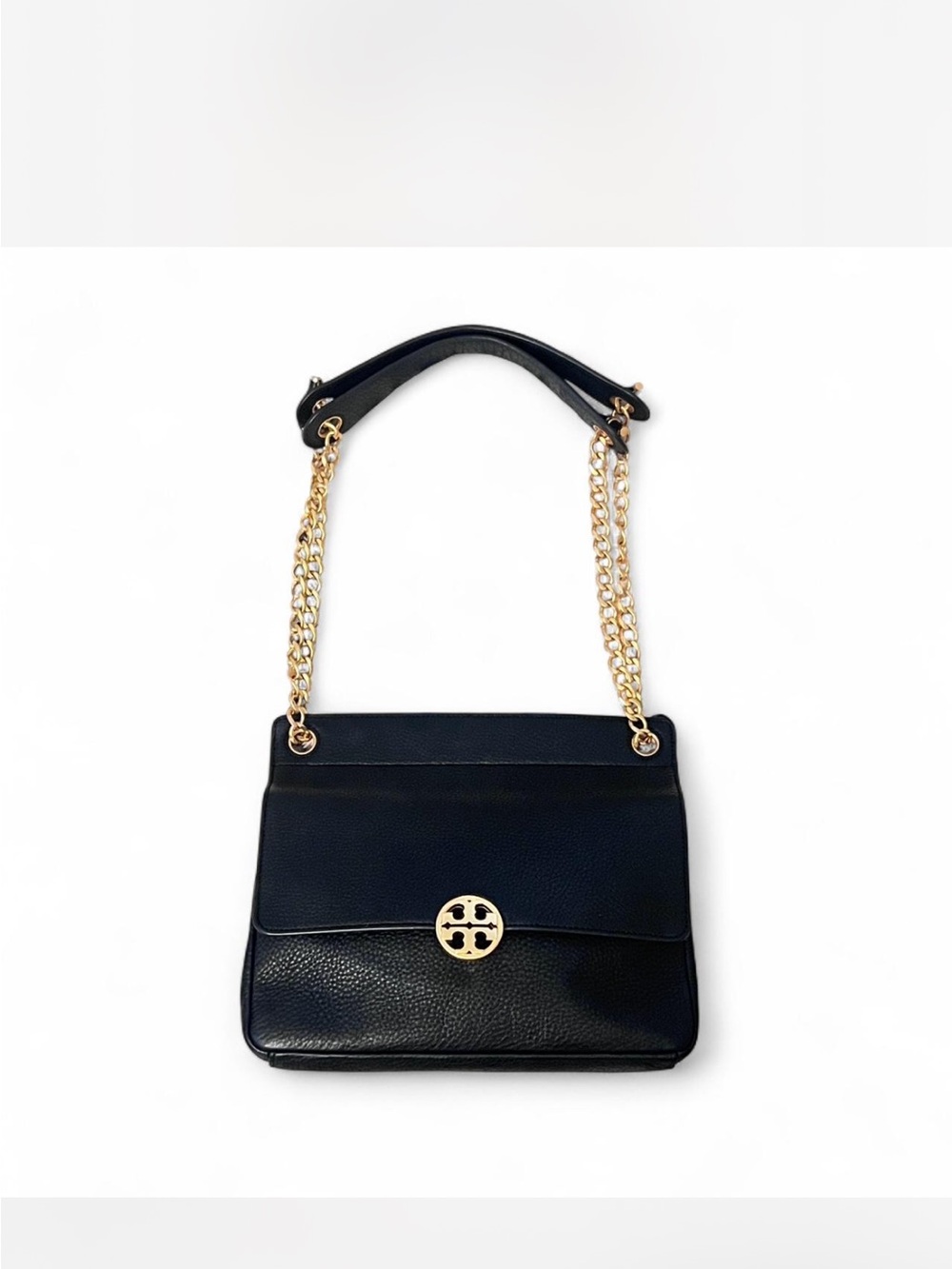 Tory Burch Chelsea Flap Black Pebbled Leather Shoulder Bag with Gold Chain